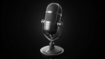 Minimalist elegant black design professional microphone. Podcast or recording studio background with copy space. Technology and entertainment.