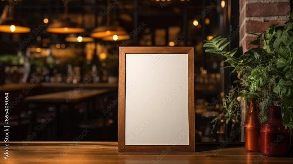 Poster Empty Picture Frame on a Wooden Table in a Bar Setting