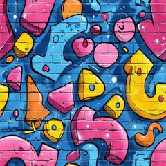 watercolor spray-painted graffiti letters and shapes, neon colors on brick wall texture, urban street art vibe, rebellious and dynamic, seamless repeating pattern, minimal pattern
