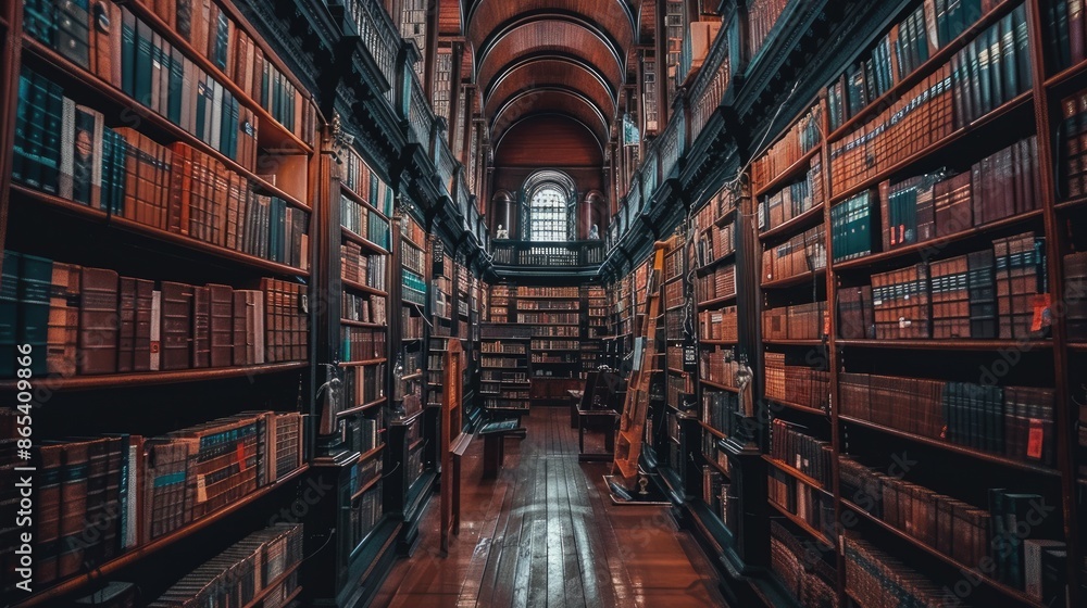 Poster rows of books neatly stacked in a library, showcasing the beauty of orderliness and knowledge awaiti