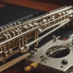 Obraz premium Clarinet Resting musical instrument on a shiny black Surface monochrome 