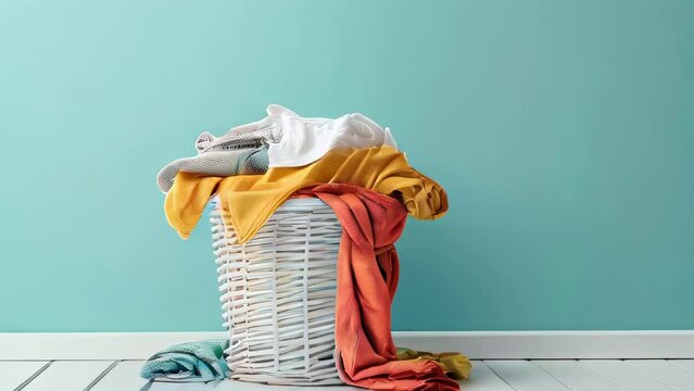 White laundry basket overfilled with colorful clothes against teal wall