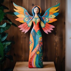 Wooden angel figurine with patterned multicolored wings