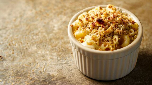 Baked macaroni and cheese with golden breadcrumb topping in white ramekin