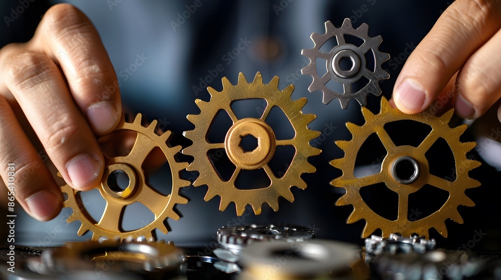 Poster a person is holding three gears in their hand. the gears are all different sizes and appear to be ma