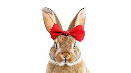 Isolated white background with Easter bunny red bow ears