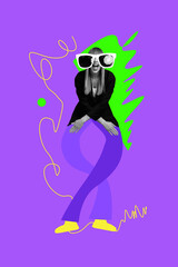 Artwork sketch photo collage of purple backdrop caricature night club rest relax retro music dance young lady wear sunglasses funky moving