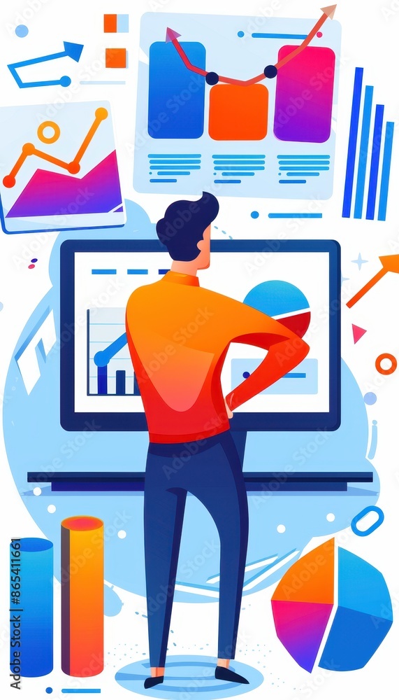 Poster A man analyzing charts and graphs on a computer screen, representing data analysis, business intelligence, and financial growth.