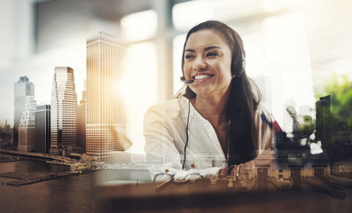 City, call center agent and woman with headset, double exposure and smile is office for...