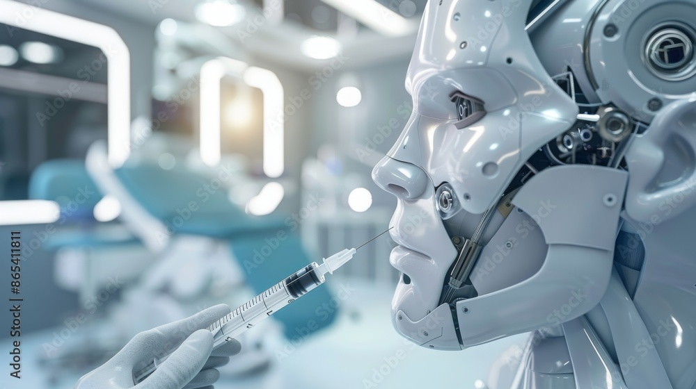 Aufkleber a close-up shot of a robotic head receiving an injection from a gloved hand in a sterile medical fac