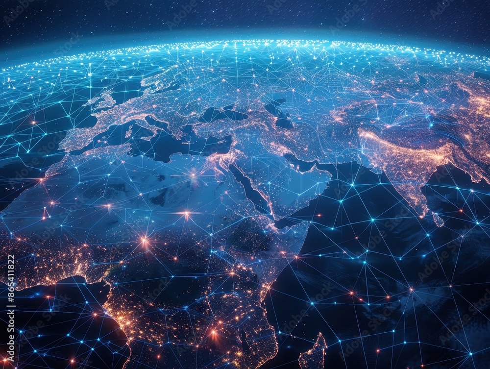 Poster a digital representation of earth's surface showcasing interconnected networks and glowing nodes sym
