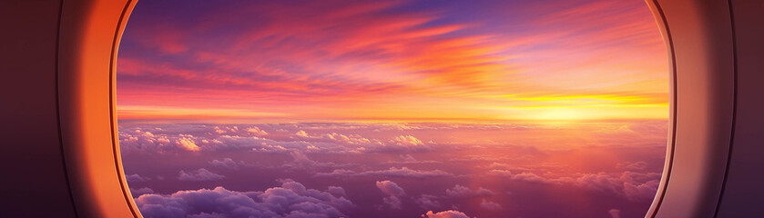 Obraz premium Stunning sunset view from an airplane window, showcasing vibrant colors and fluffy clouds in the sky above.
