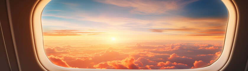 Fototapeta premium Stunning view of a sunset through an airplane window, capturing vibrant colors and serene clouds. Perfect for travel and nature concepts.