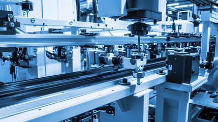 A factory with a blue and white color scheme. The factory is filled with machines and tools. The machines are in motion, and the workers are busy working on them. Scene is busy and productive