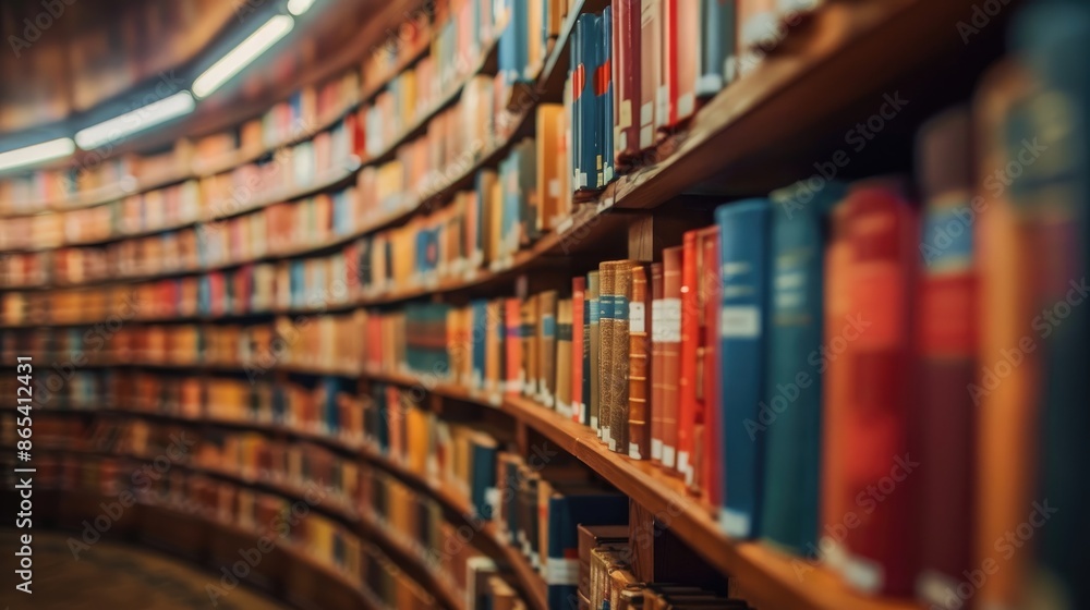 Poster neatly arranged books line the shelves of a tranquil library, creating a serene atmosphere perfect f