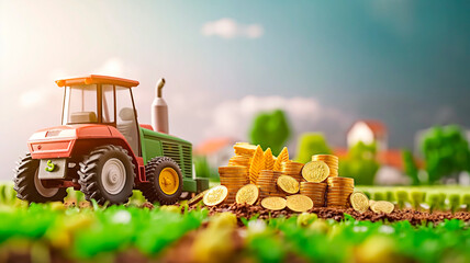 Concept for investment in agriculture and financial success in farming. Miniature tractor and gold coins showing the profitable farming business.