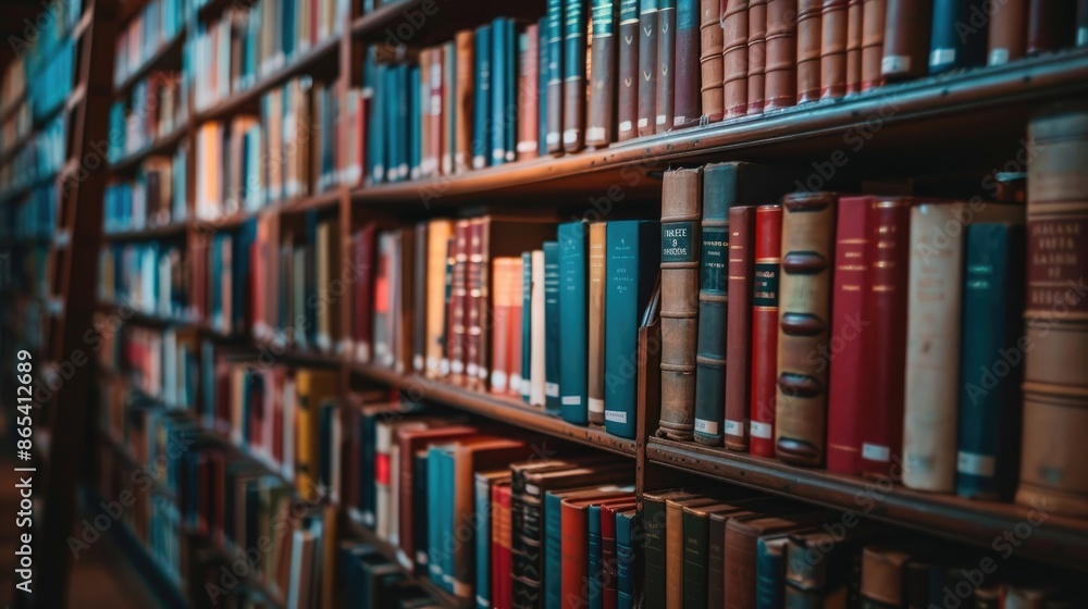 Poster neatly arranged books line the shelves of a tranquil library, creating a serene atmosphere perfect f