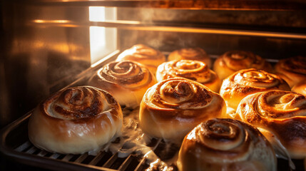 Freshly baked cinnamon rolls in an oven with golden brown tops, emitting warm steam, showcasing delicious bakery treats.