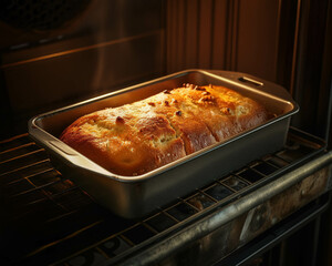 A loaf of homemade bread baking in an oven, golden brown and fresh, captured in a close-up shot inside the kitchen.
