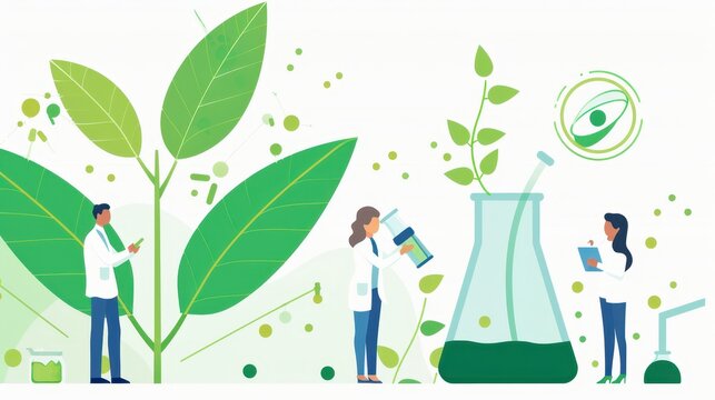 Scientists conducting botanical research with plants, beakers, and tablets, exploring nature and biology in a lab setting.