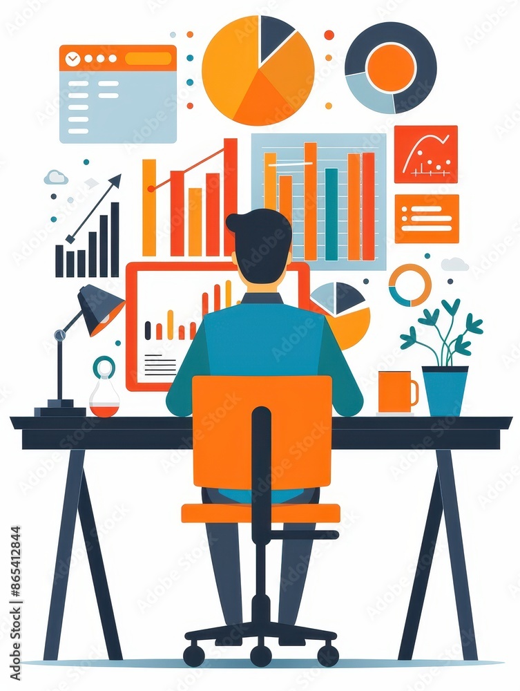 Poster Person analyzing data on computer with charts and graphs. Conceptual illustration of business analytics, research, and data visualization.