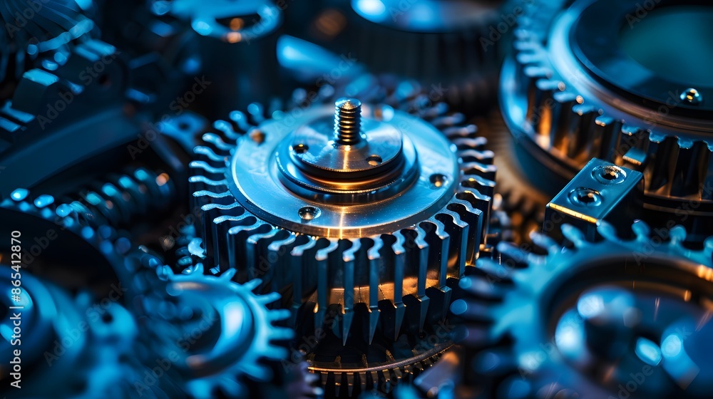 Poster a close up of a set of gears with a blue tint. the gears are all different sizes and are all connect