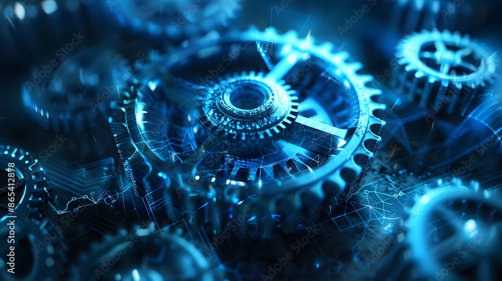 Poster a close up of a set of gears with a blue tint. the gears are all different sizes and are all connect
