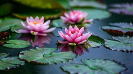 Water lily in a pond with lily pads. Water flowers Nymphaea with green leaves in the lake