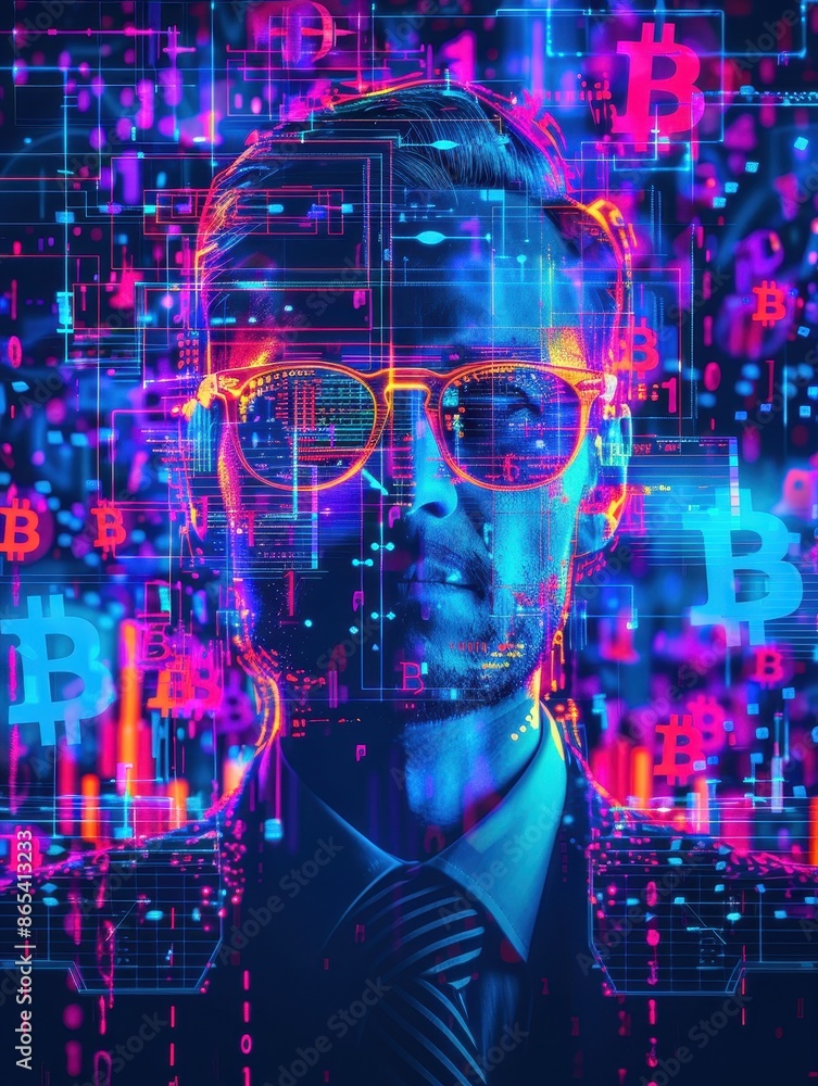 Poster Man in neon lights with Bitcoin symbols and digital data, representing cryptocurrency and futuristic financial technology.