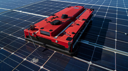 An autonomous red robot is efficiently maintaining solar panels for sustainable renewable energy