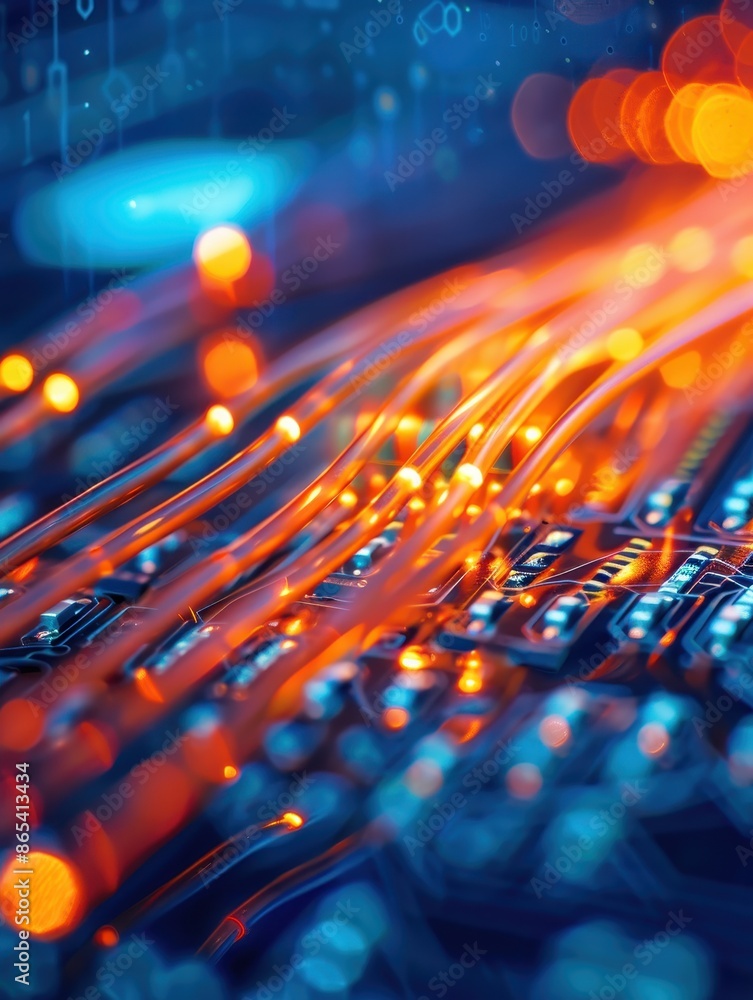 Poster high-tech fibers with vibrant lights represent data transmission and advanced technology in a futuri