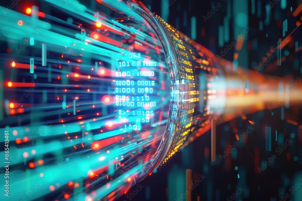 Poster high-speed data transfer concept. a colorful fiber optic cable with digital data transmission repres