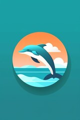 Circle whale humpback logo illustration design. Blue whale. Minimalist, graphic, icon, illustration. Ocean or sea and sky above dolphin. Isolated on blue background.