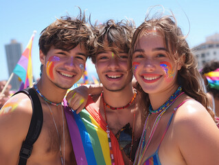 A group of friends taking selfie with rainbow flags, at gaypride