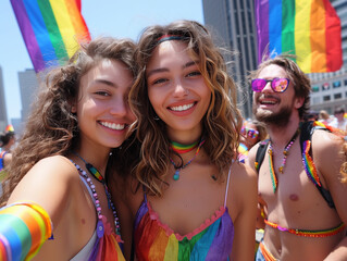 A group of friends taking selfie with rainbow flags, at gaypride
