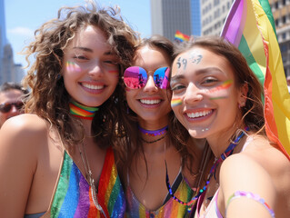 A group of friends taking selfie with rainbow flags, at gaypride