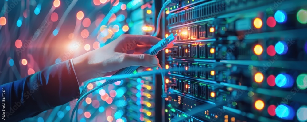 Leinwandbilder hand plugging network cable into server rack with colorful led lights, showcasing data center techno