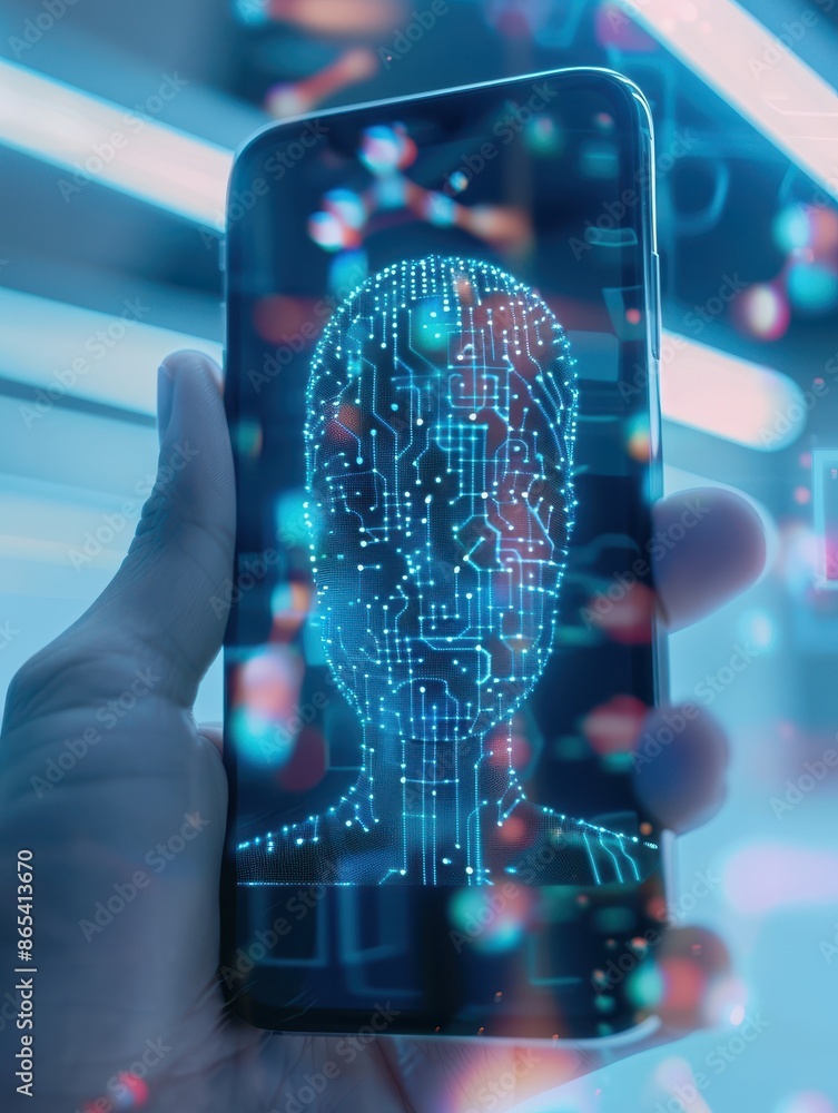 Poster hand holding smartphone with a digital human face display, showcasing futuristic technology and arti