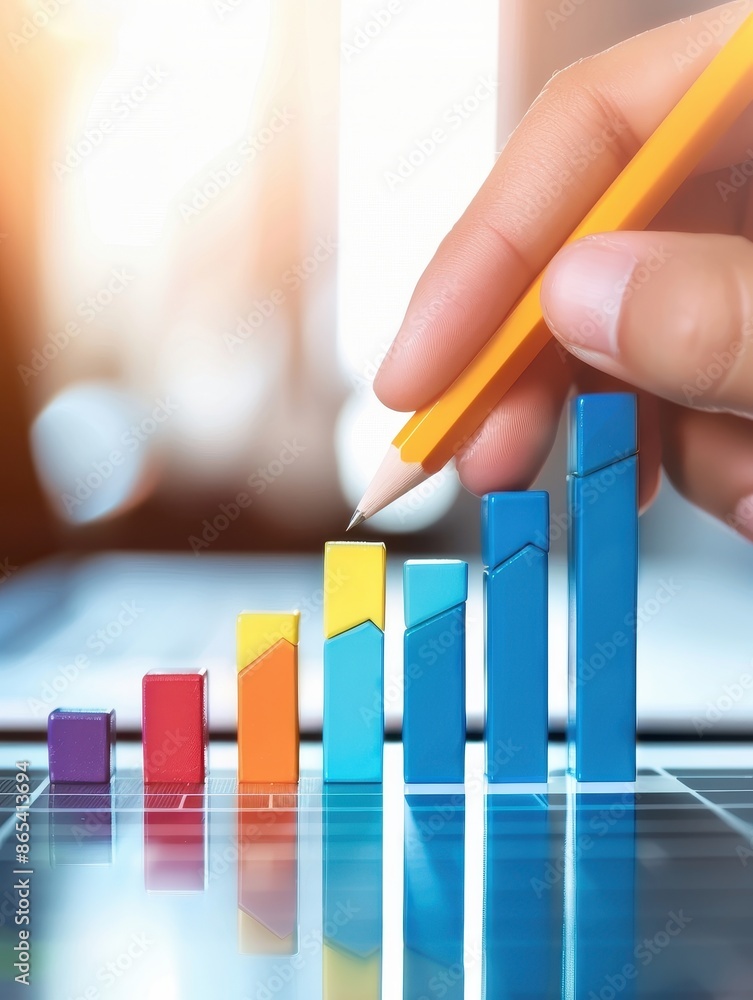 Poster Hand holding a pencil pointing at a colorful bar graph representing data analysis and business growth on a blurred background.
