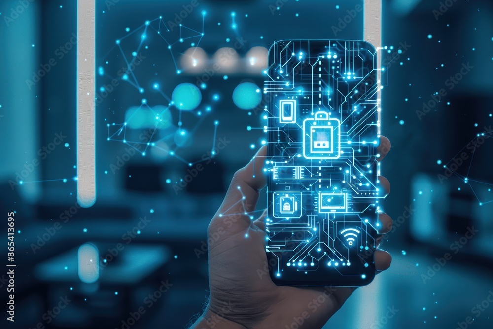 Poster hand holding smartphone with holographic digital interface, showcasing network, security, and advanc