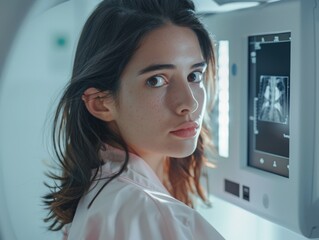 Woman examines X-ray image