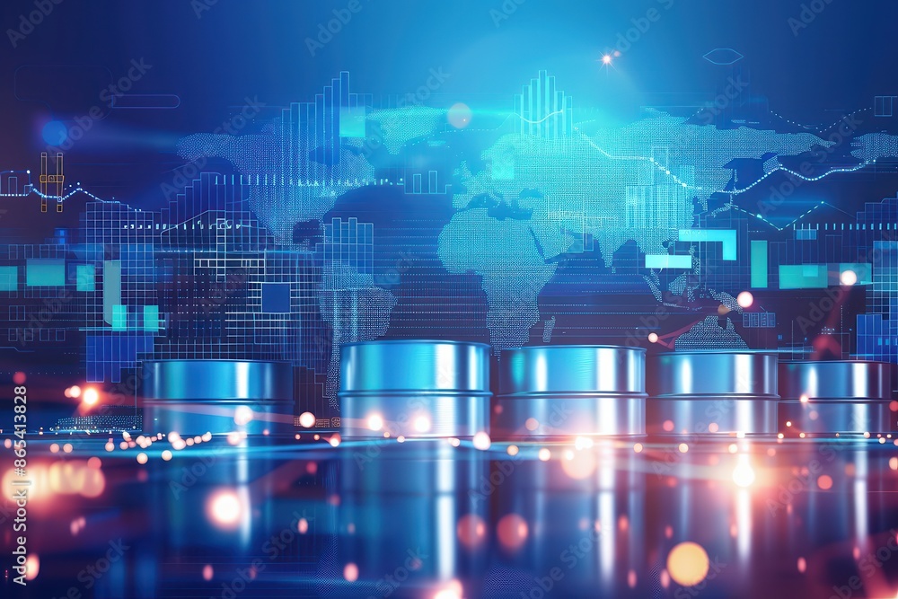 Poster Global financial data and digital stock market analysis on virtual screens. Blue futuristic graph and chart visualization.