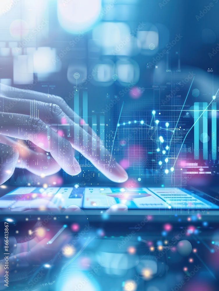 Poster futuristic technology interface with a hand interacting on a touch screen, showcasing data analysis 