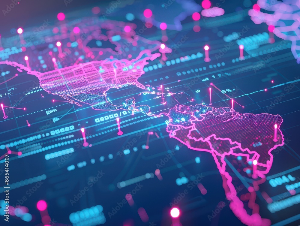 Aufkleber futuristic digital map of the americas with neon lights and data points, showcasing technology and c