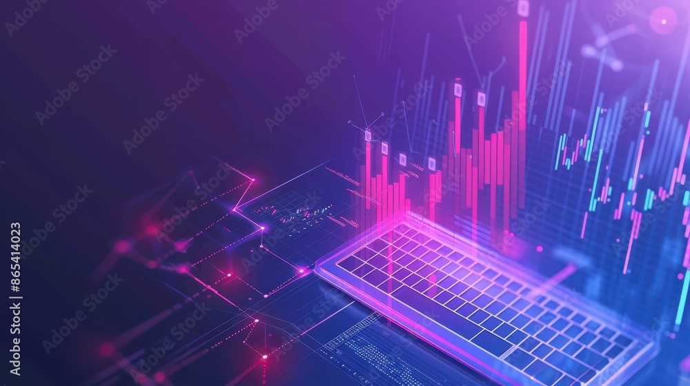 Aufkleber futuristic digital interface showing data analytics with neon colors, transparent graphs, and a lapt
