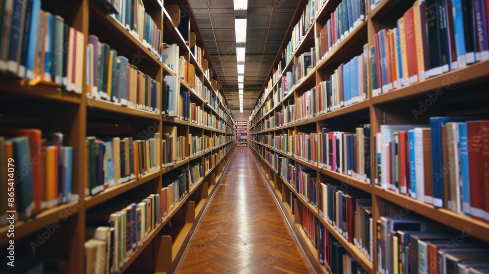 Poster organized bookshelves in a library, presenting a harmonious display of knowledge and learning in a s