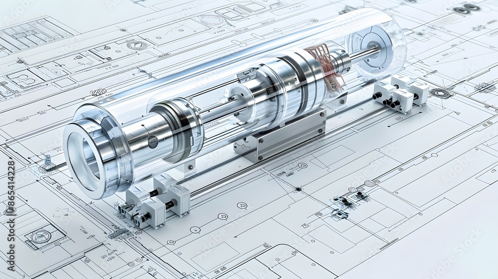 Poster a machine part is shown on a white background with a drawing of a machine. concept of a mechanical d