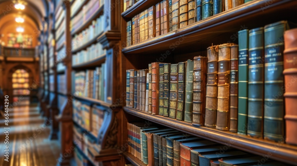 Poster organized bookshelves in a library, presenting a harmonious display of knowledge and learning in a s