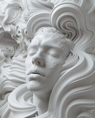 Surreal Sculpted Bust in Reverie Against Dreamlike Backdrop