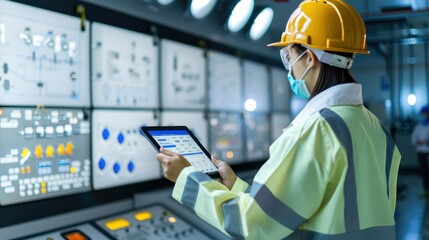 Engineer in a helmet and mask using a tablet while monitoring control panels in an industrial setting.